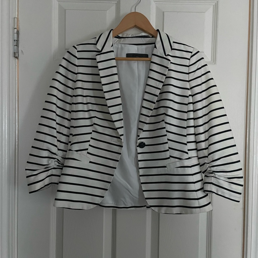 Navy and white striped blazer with cropped sleeves